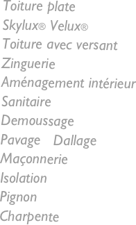 Toiture plate
Skylux® Velux® Toiture avec versant
Zinguerie
Aménagement intérieur
Sanitaire Demoussage Pavage   Dallage Maçonnerie
Isolation
Pignon
Charpente